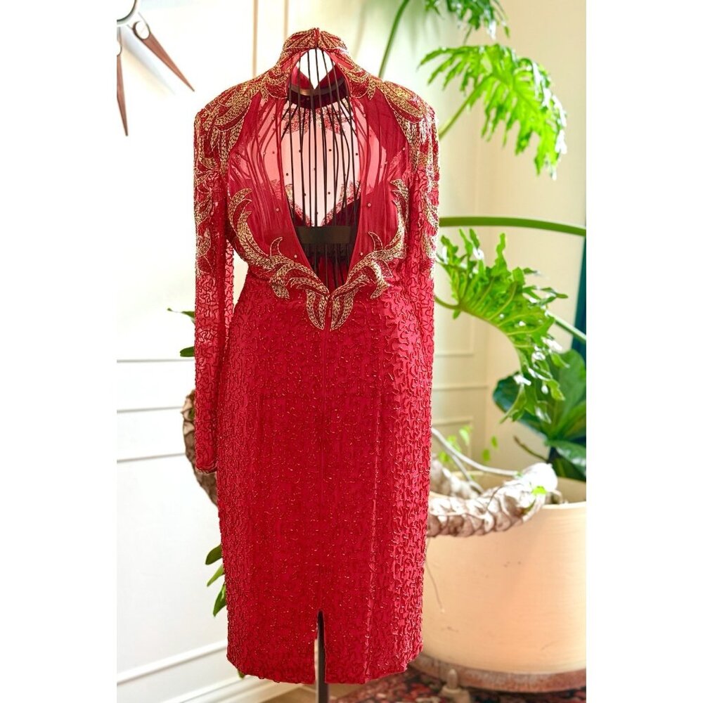 Vintage Beaded Red Evening Dress |  Hollywood Glamour Dress | Red Beaded Dress - Picture 12 of 13